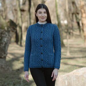 Saol Ireland Women's 100% Wool Aran Cable Knit Button Cardigan Sz XL